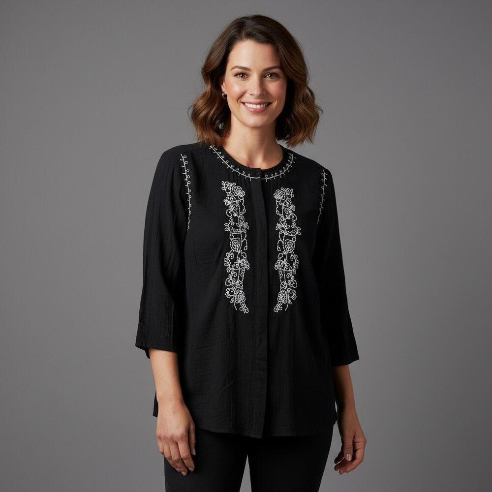 Studio Works SW Black White Embroidered Blouse 100% Cotton Womens Size Medium